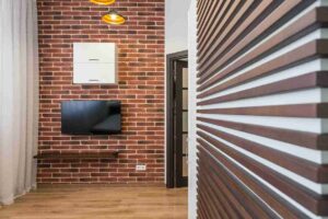 Wall-Mounted TV Cabinets with Fluted Wooden Panels