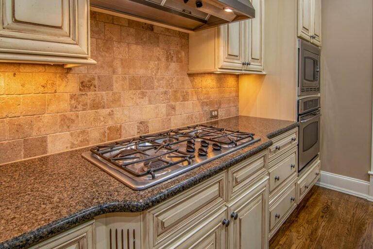blue gray textured mosaic backsplash